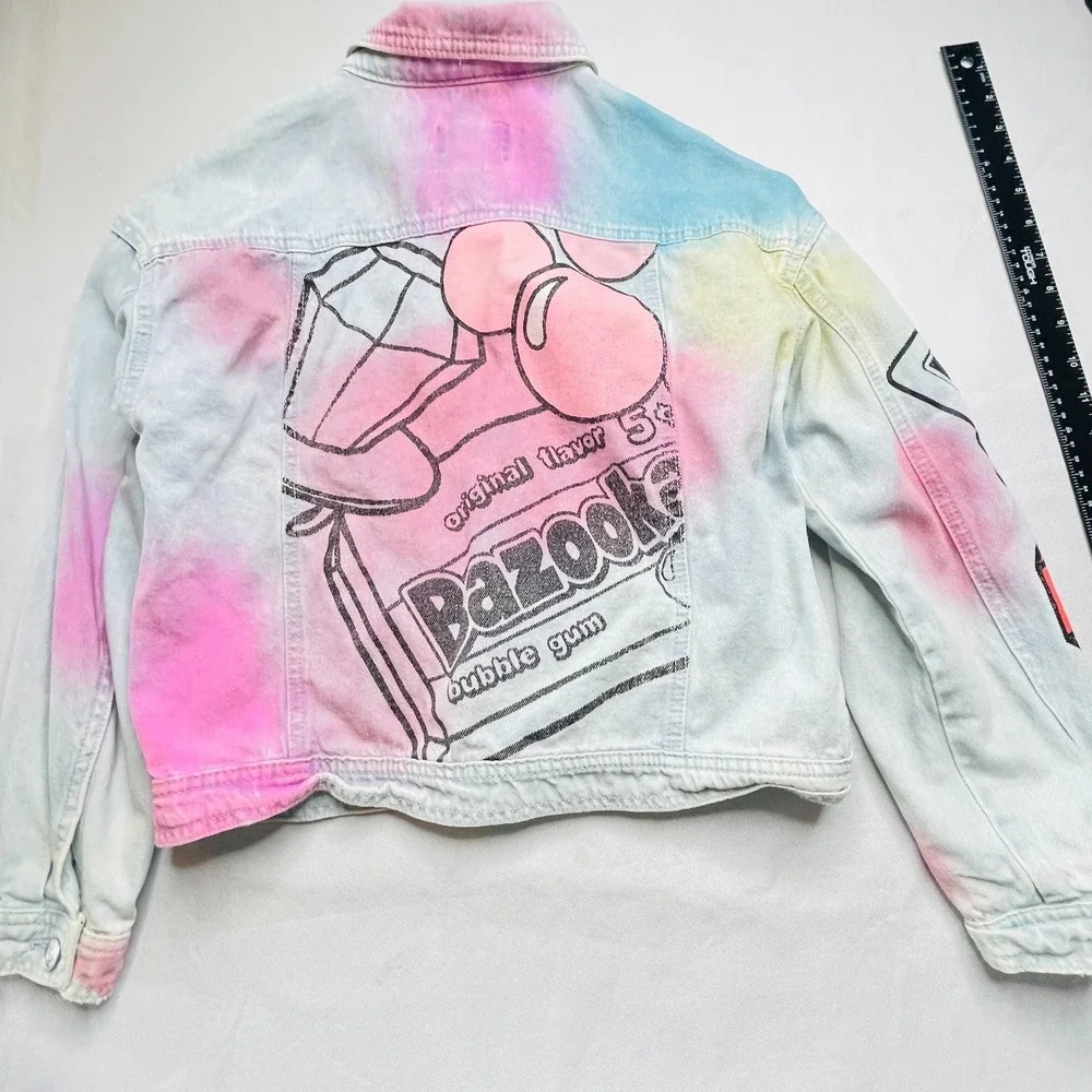 Justice Denim Jacket Girls Medium 10 Bazooka Ring Pop Tie Dye Distressed Grunge
